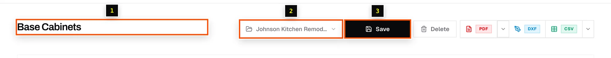 The cut list header with its name, project and Save button