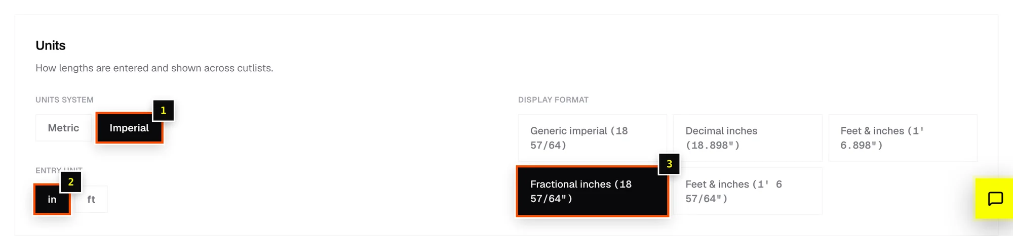 Settings with Imperial, entry unit inches and Fractional inches selected