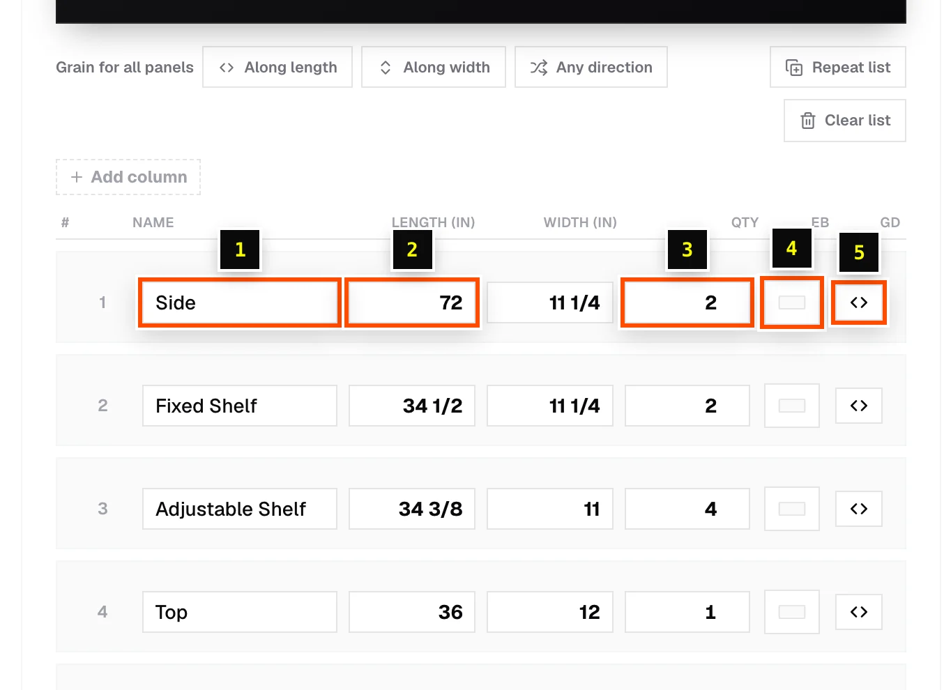 The parts table of a bookshelf cut list in fractional inches
