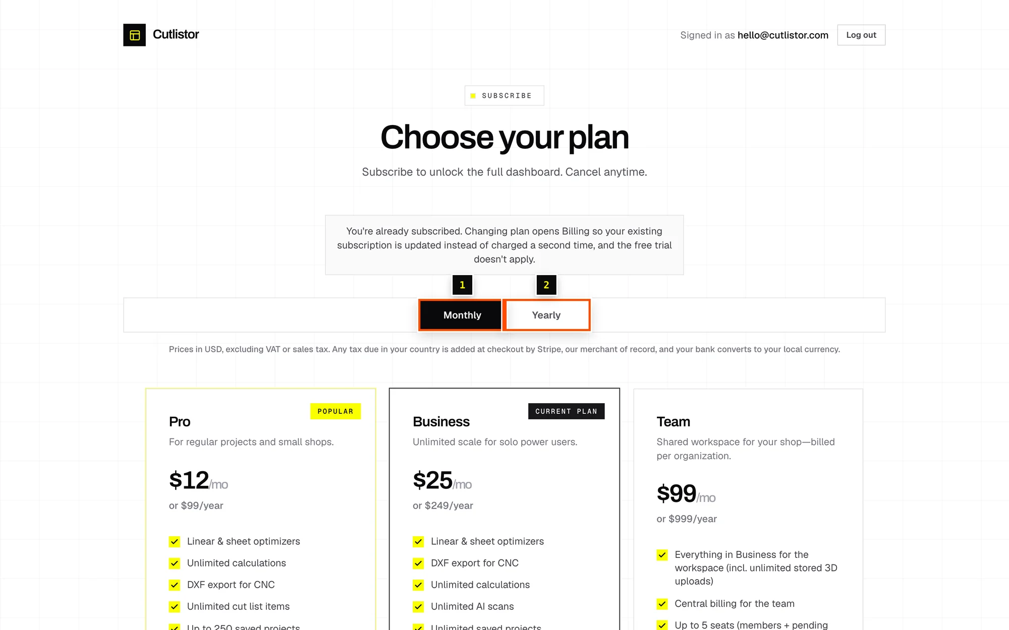 The Choose your plan page with Pro, Business and Team